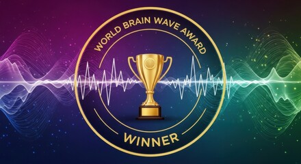 Golden trophy for world brain wave award winner with abstract sound waves