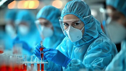 Female scientist in full protective suit and mask working with test tubes in a laboratory performing critical medical research and analysis. - Powered by Adobe