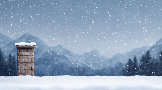 Brick chimney standing on a snowy roof with snowflakes falling. Mountains and pine trees are visible in the blurred background
