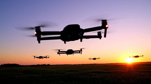 Silhouette of multiple drones flying at sunset over a field