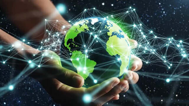 Global Network in Hands - A glowing green globe is held in cupped hands, surrounded by a network of interconnected points of light.