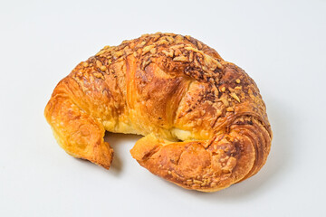 Close up view of cheese croissant isolated on white background. Clipping path. Fresh, brown. 