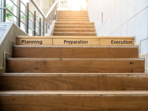 Wooden steps to future plan by planning, preparation and execution 