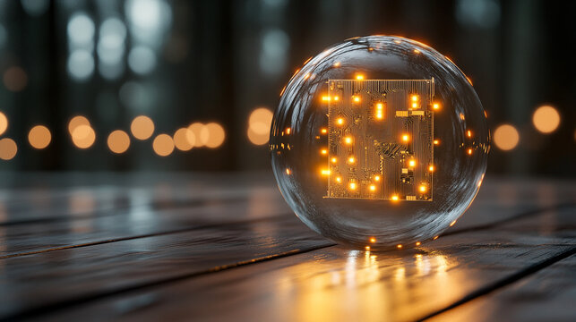 A futuristic AI chip glows inside a transparent sphere, symbolizing advanced technology, digital intelligence, innovation, and the encapsulation of computational power.
