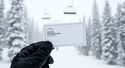 Ski pass held in snowy mountain landscape with chairlift.