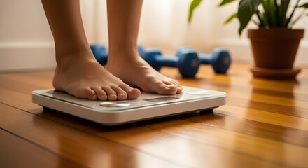 Person standing on a weight scale in a home setting.