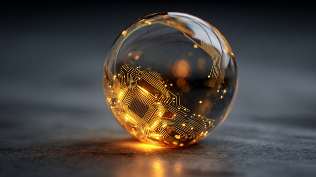 A futuristic AI chip glows inside a transparent sphere, symbolizing advanced technology, digital intelligence, innovation, and the encapsulation of computational power.
