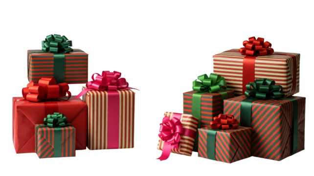 Beautiful festive gift boxes with colorful ribbons, perfect for holidays and celebrations