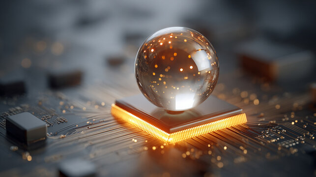 A futuristic AI chip glows inside a transparent sphere, symbolizing advanced technology, digital intelligence, innovation, and the encapsulation of computational power.
