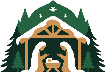 Nativity scene illustration with religious figures and stable