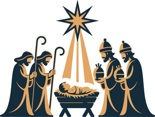 Nativity scene illustration with religious symbols and figures