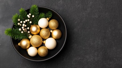 Christmas baubles and fir branches in a black ceramic bowl, creating a festive holiday decoration on dark background