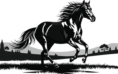 Wild Running Horse Black & White Silhouette Vector Art