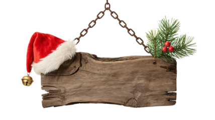 Rustic wooden sign with Santa hat and festive greenery for holiday messages