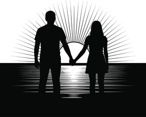 Couple Holding Hands Watching Sunset Black & White Silhouette Vector Art