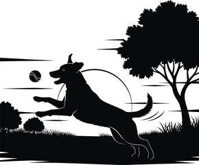 Dog Playing with Ball Black & White Silhouette Vector Art