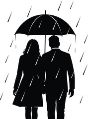 Couple Walking in Rain Under Umbrella Black & White Silhouette Vector Art