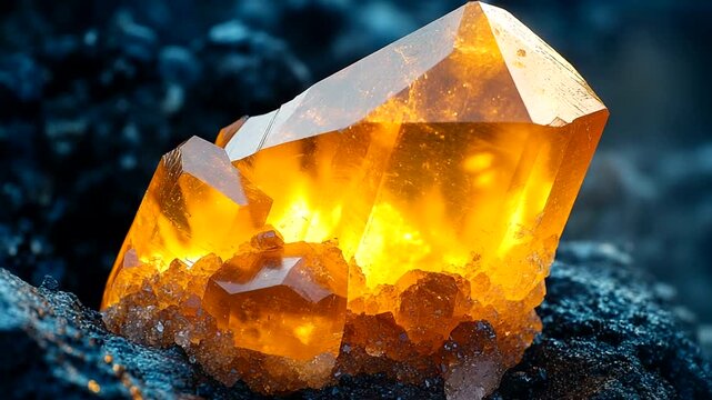 Glowing amber crystal on dark rocky surface at dusk