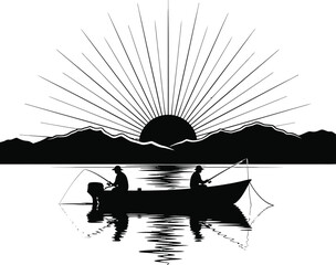 Fishing Boat on Calm Lake Black & White Silhouette Vector Art