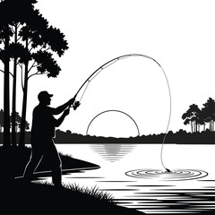 Fisherman Casting Line Black & White Silhouette Vector Art