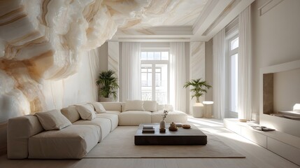 Modern Living Room Minimalist Alabaster Japandi Italian Style Vibrant Accents Crisp Details Elegant Design Luxurious Ambiance Sophisticated Appeal (AI-Generated)