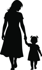 Mother and Baby Walking Together Black & White Silhouette Vector Art