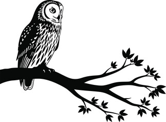 Owl on Tree Branch Night Scene Black & White Silhouette Vector Art