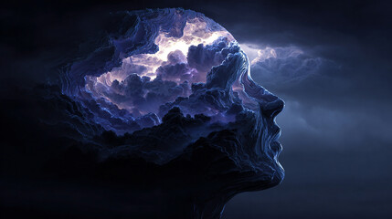 AI projecting a glowing dreamscape above a human head with vibrant colors and abstract elements representing imagination, creativity, futuristic technology, and surreal digital visualization