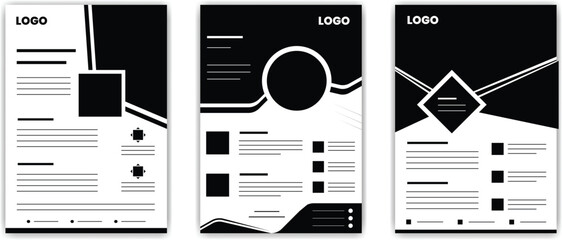 Modern Black and White Geometric Business Flyer and Brochure Templates Layout. Clean Monochrome Resume Template Layout Design. 