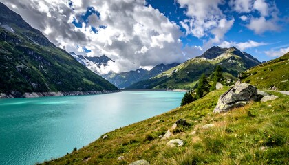 Stunning Alpine Lake and Mountain Landscape with Vibrant Turquoise Water and Dramatic Clouds.