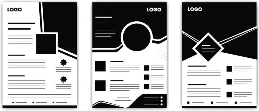 Modern Black and White Geometric Business Flyer and Brochure Templates Set. Clean Monochrome Resume Template Layout Design.  - Powered by Adobe