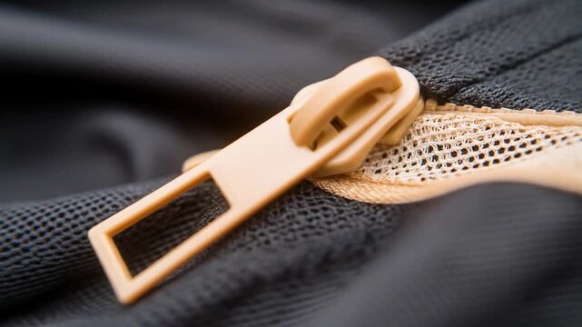 Close up detail of a hand operating a beige zipper on dark mesh fabric showing textile texture and sewing component