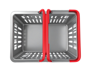  3D Render of an Empty Metal Supermarket Basket with Red Handles, Top View, isolated on a transparent background PNG