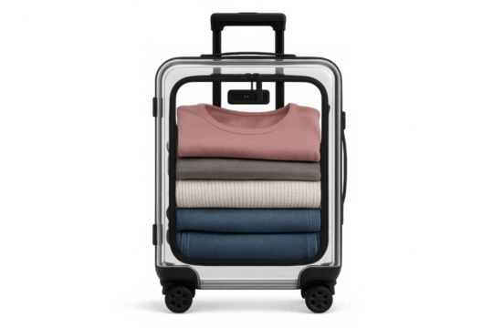 Suitcase with neatly folded clothes for organized packing, representing travel, minimalist vacation, and efficient luggage