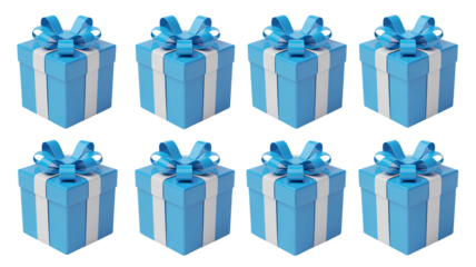 Eight vibrant blue gift boxes with white ribbon and bows for celebrations