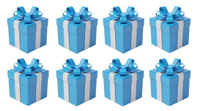 Eight vibrant blue gift boxes with white ribbon and bows for celebrations