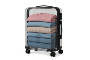 Transparent suitcase packed with folded clothes for travel, showing neat organization and minimalism on transparent background