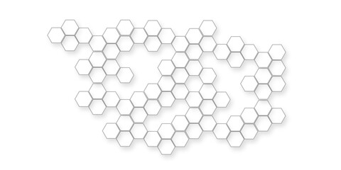Abstract geometric hexagonal shapes showing background, white banner with tech hexagon pattern design, modern background with hexagons, modern simple style hexagonal graphic concept.