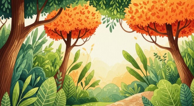 Whimsical autumn forest path bathed in golden sunlight