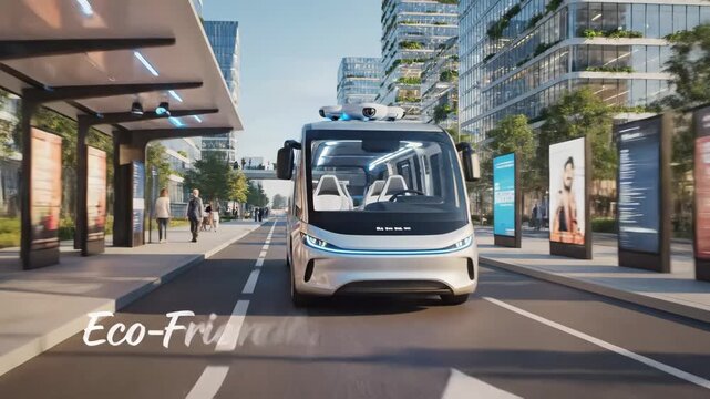Autonomous Electric Shuttle in Modern Cityscape - A futuristic autonomous electric shuttle drives down a city street.