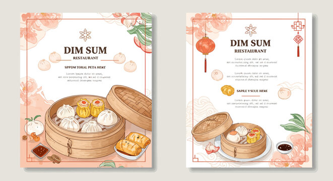 Delicious Dim Sum Restaurant Menu with Steamed Dumplings in Bamboo Baskets.