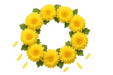 Yellow chrysanthemum floral wreath with green leaves and falling petals, creating a decorative circular border, transparent background