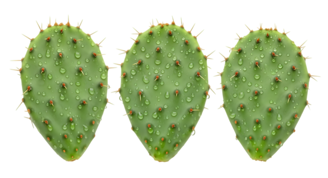 Three green prickly pear pads with water droplets isolated on a transparent background