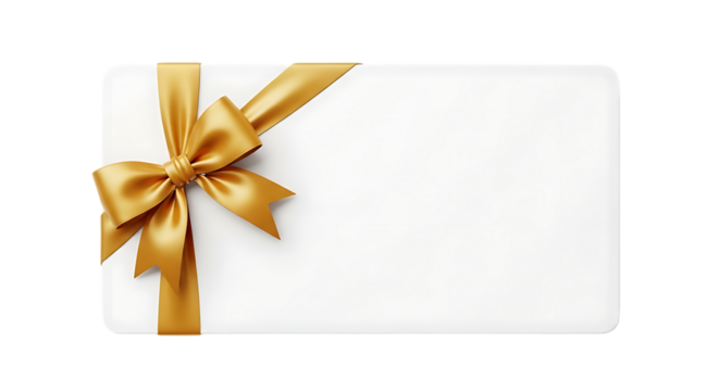 White card with golden ribbon bow isolated on a transparent background