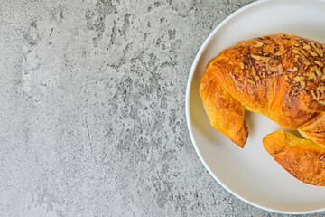 Top view of one cheese croissant on white plate. close up. grey or gray cement on the background. High angle, above, flat lay. half. copy space, empty, free, negative, text, design.