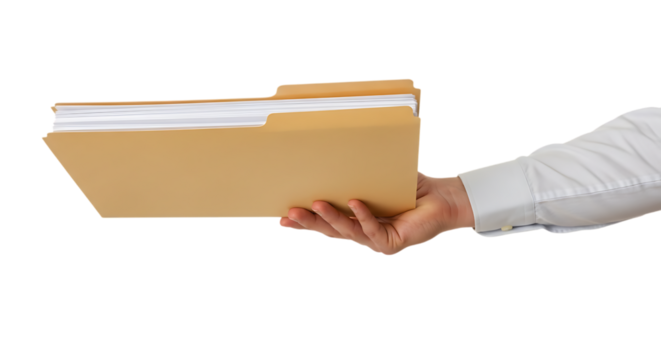 Hand holding manila folder with documents isolated on a transparent background