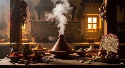 tagine pot with steam rising in rustic Moroccan kitchen scene
