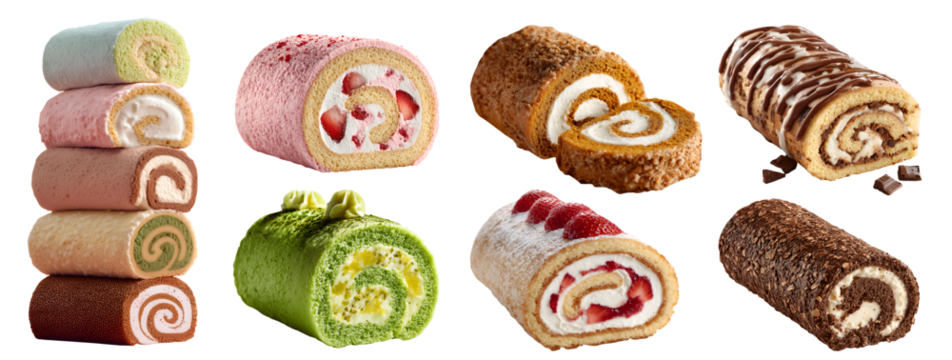 Collection of different flavor Swiss roll jelly roulade roll-up sponge cake with jam cream icing fillings, nuts fruit flavour set, on transparent cutout PNG. Many Mockup template