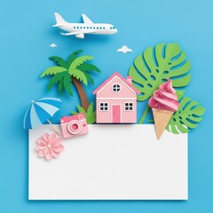 Summer vacation travel concept with paper cut airplane, house, palm tree, and blank copy space