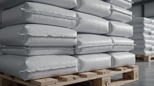 Stacked white bags on wooden pallets in a warehouselike setting